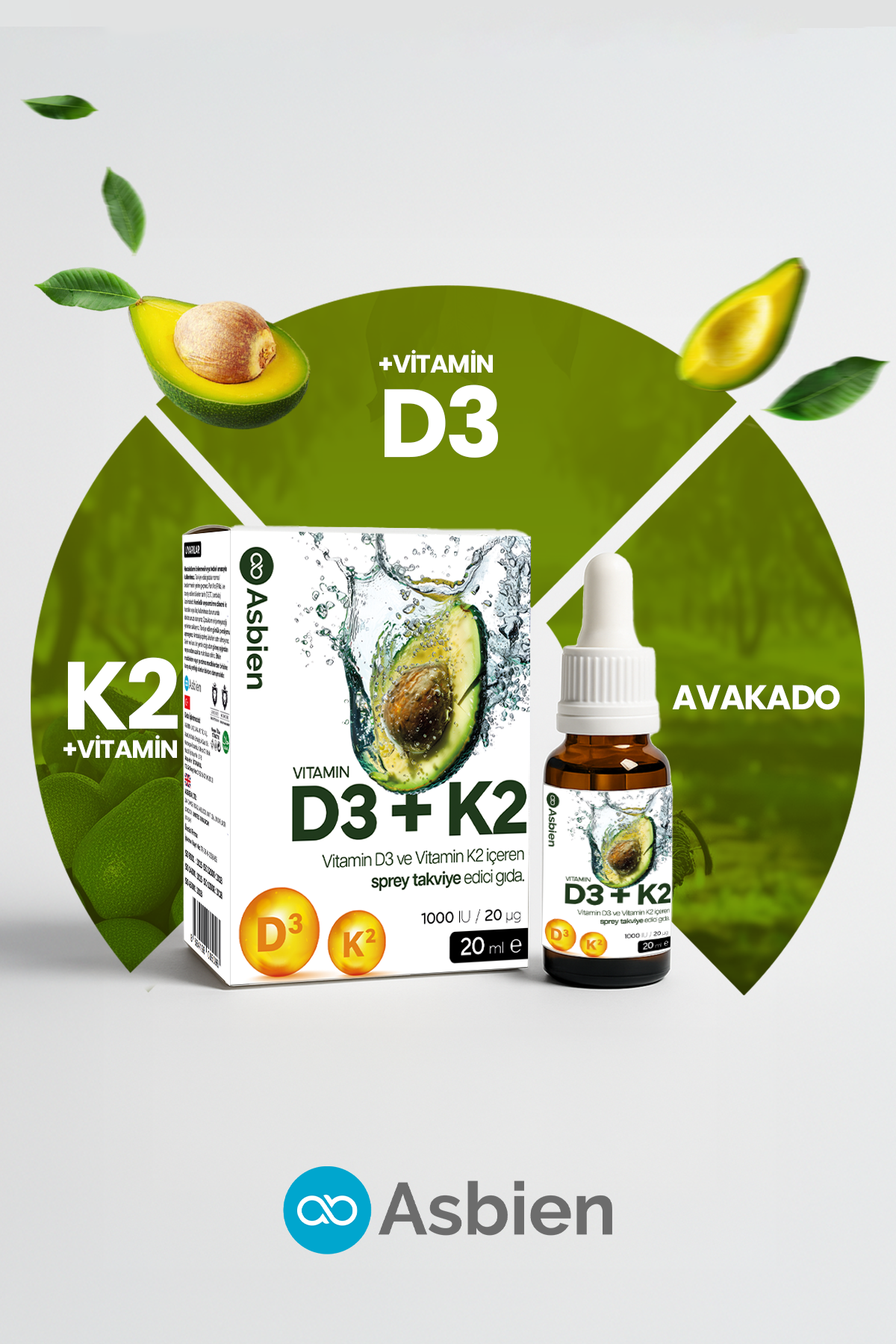 ASBIEN D3+K2 Avokado Yağlı Sıvı Takviye | Yüksek Emilimli Vitamin D3 ve K2 İçeren Oral Sprey / Damla