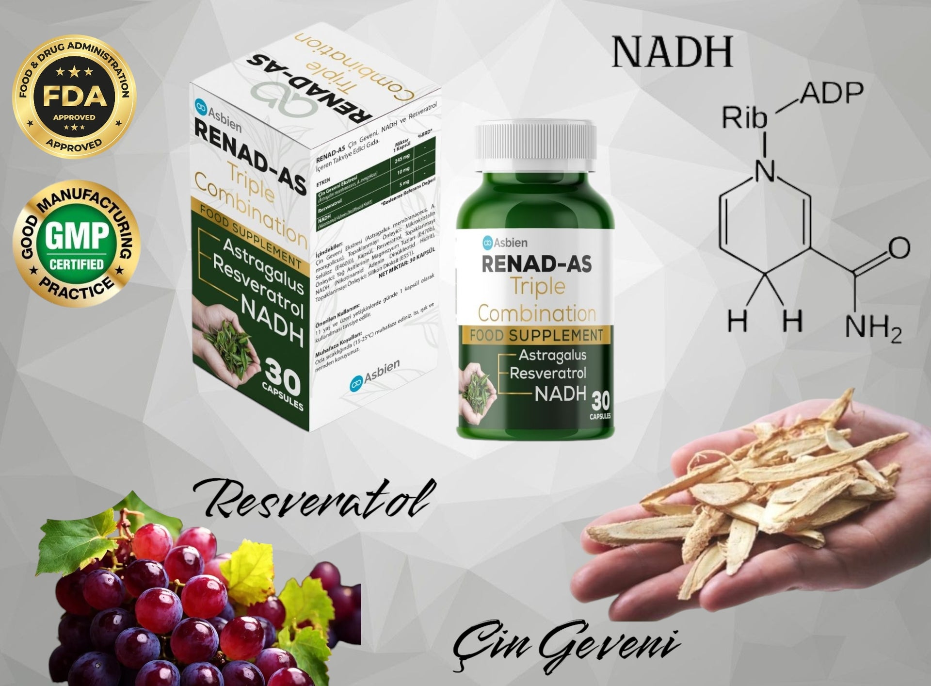 Renad-As , Astragalus (Çin Geveni ) , Nadh ,resveratrol  Içeren 30 Kapsül Renadas