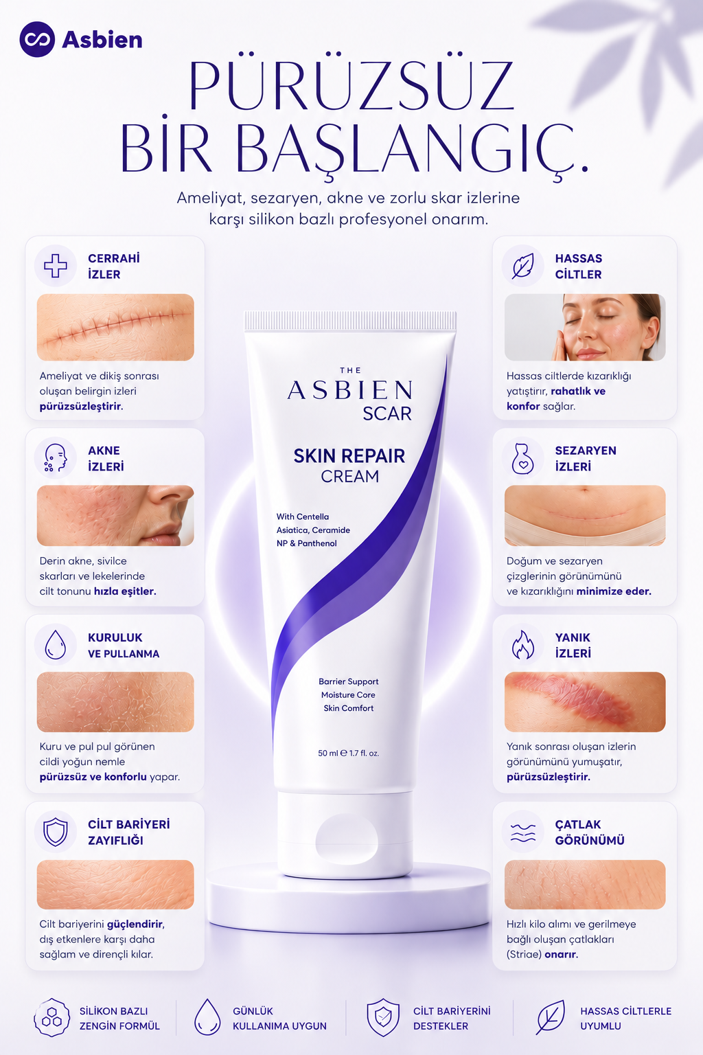 THE ASBIEN SCAR Skin Repair Cream 50 ml | Skar, İz ve Çatlak Görünümü İçin Silikon Bazlı Bakım Kremi