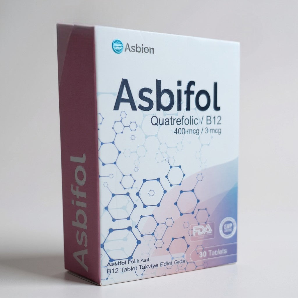 Asbifol  Aktif Folik Asit (Metilfolat) 400 μg + B12 Vitamini 3 μg  Qatrefolik 30 Tablet Asbien