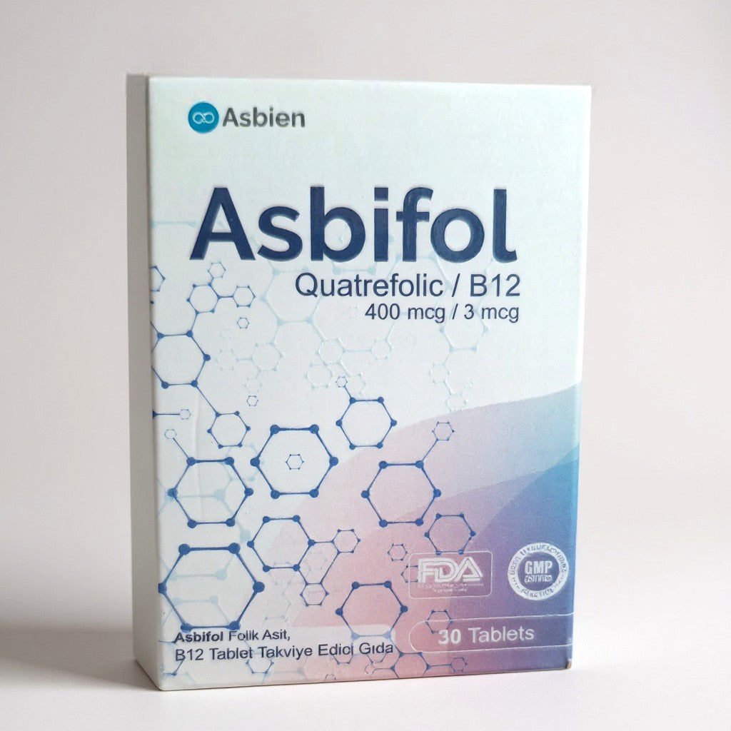 Asbifol  Aktif Folik Asit (Metilfolat) 400 μg + B12 Vitamini 3 μg  Qatrefolik 30 Tablet Asbien