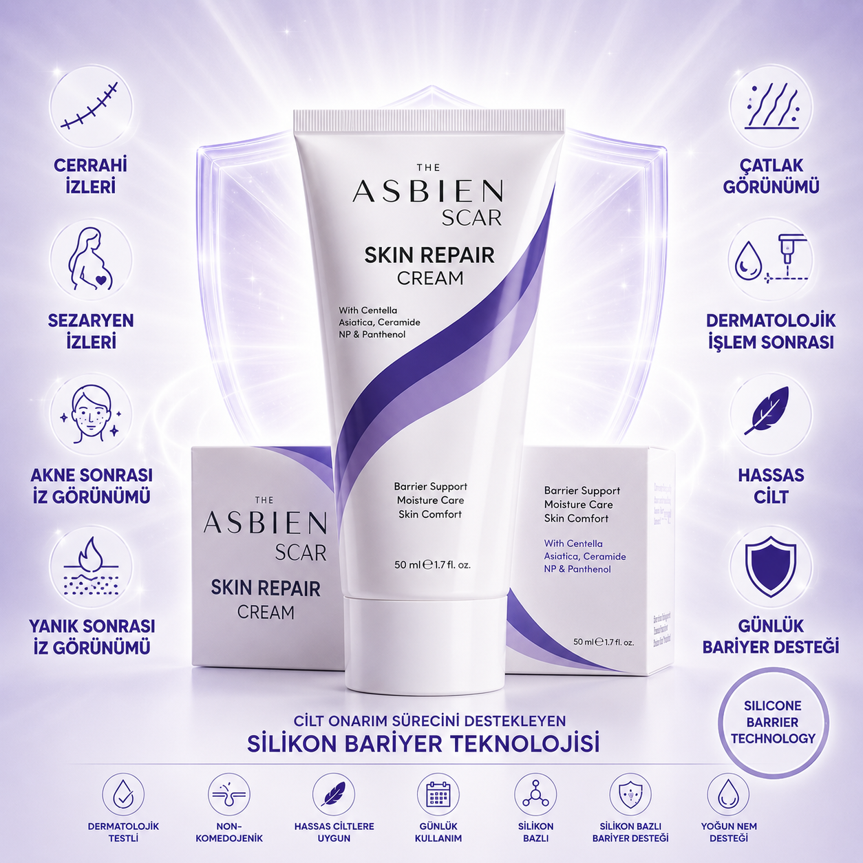 THE ASBIEN SCAR Skin Repair Cream 50 ml | Skar, İz ve Çatlak Görünümü İçin Silikon Bazlı Bakım Kremi